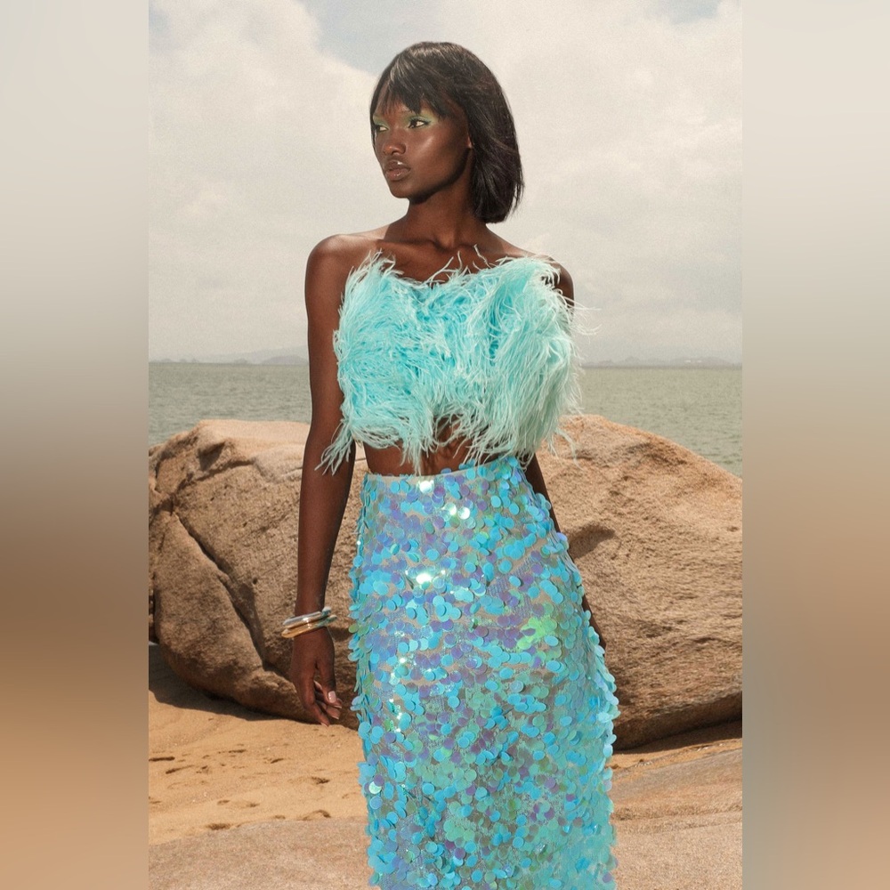 Bronx and Banco Afiya Feather Crop Top | Light Blue | XL (US 10) | NWT